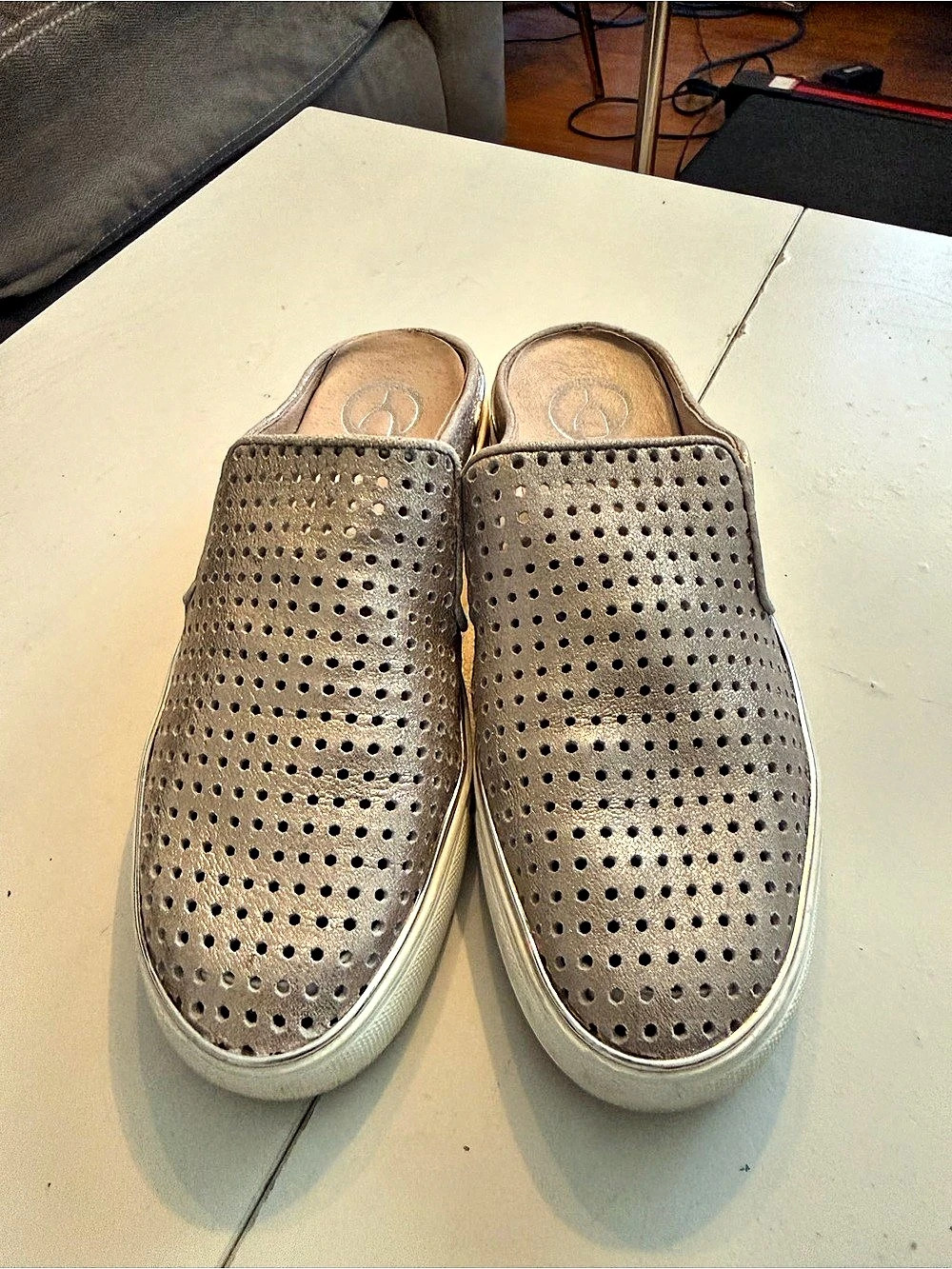 Wishbone Metallic Champagne Taupe Perforated Slip-On Mule Sneakers Sporty Chic